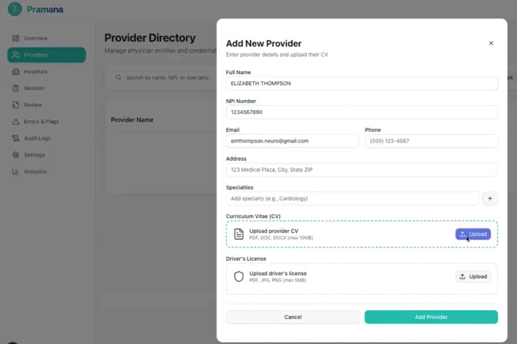 Pramana — Add New Provider screen showing physician profile creation with CV upload