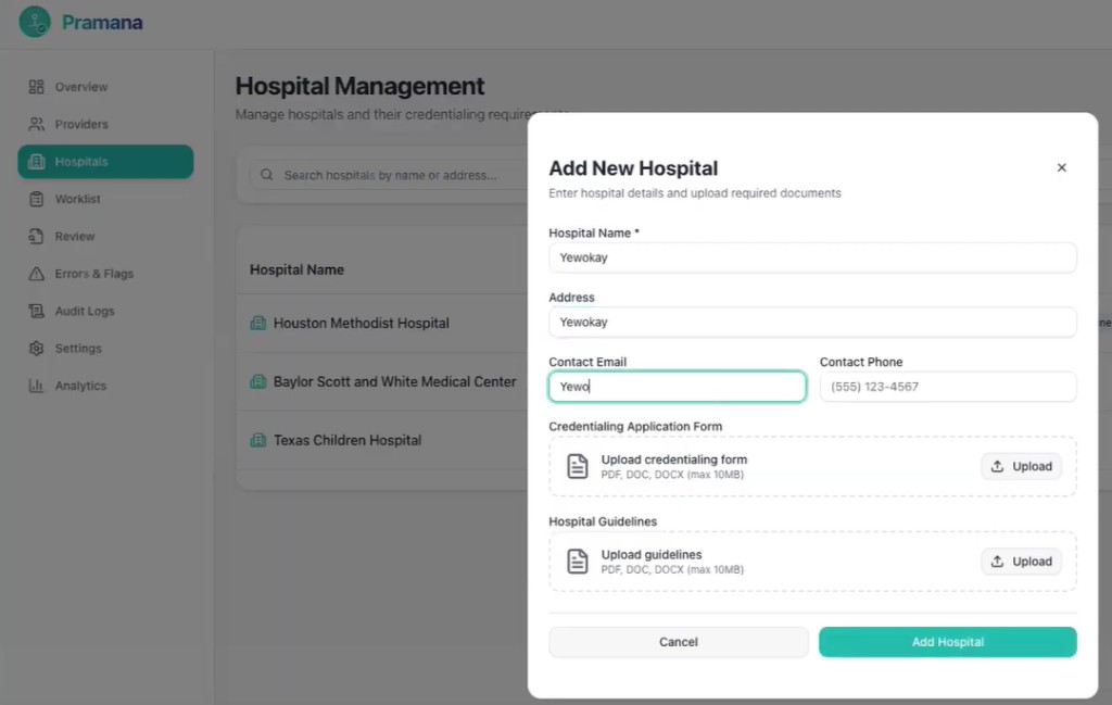 Pramana — Hospital Management screen showing Add New Hospital modal