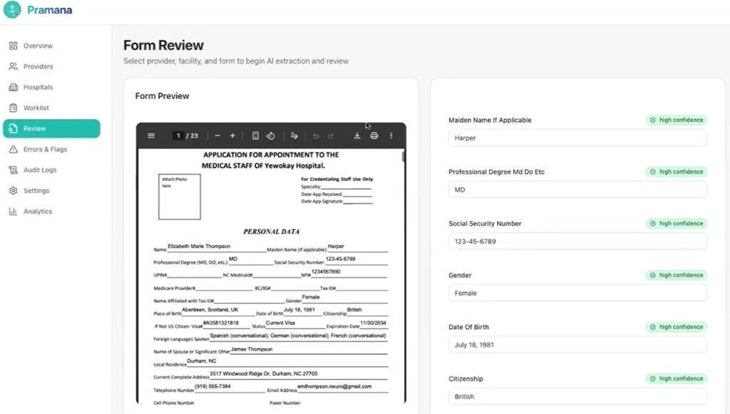 Pramana — Form Review showing auto-populated credentialing form with confidence scores per field