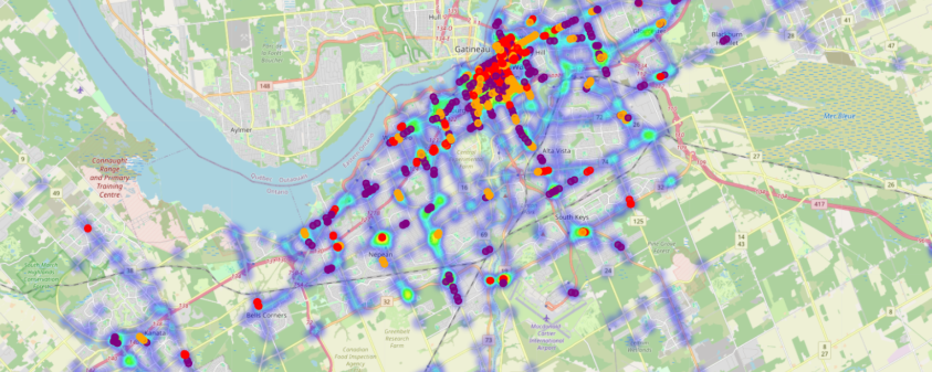 Heatmap of accident density in Ottawa with flagged intersections by spacing group